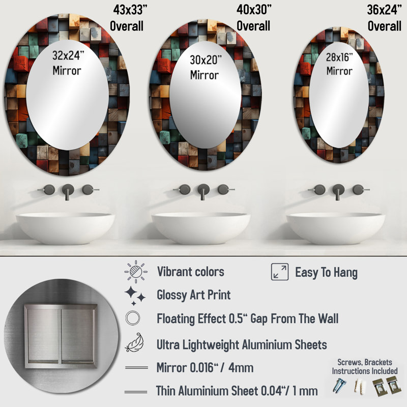 Cubes abstraits bleus et rouges II - décor de miroir mural ovale multicolore, H 36 po x l 24 po