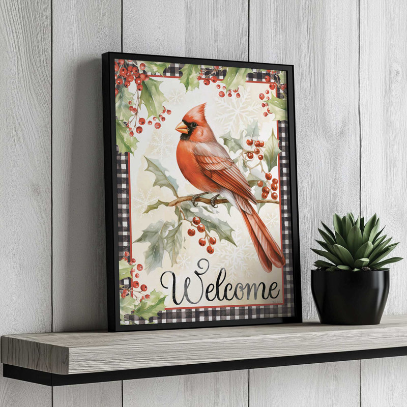«Christmas Cardinal and Holly Berries» par Nicole DeCamp, reproduction d'art, L 30 x H 40, Blanc, Impression encadrée