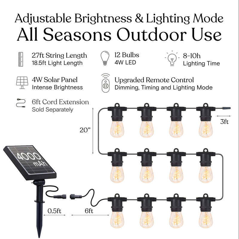 Ambience Pro 27 ft. Outdoor Solar-Powered LED String Lights with 12 Spiral Filament Bulbs, Remote Controlled, Weatherproof, Commercial-Grade Cord