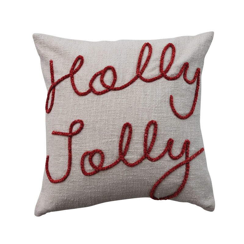 Oreiller en coton brodé Holly Jolly