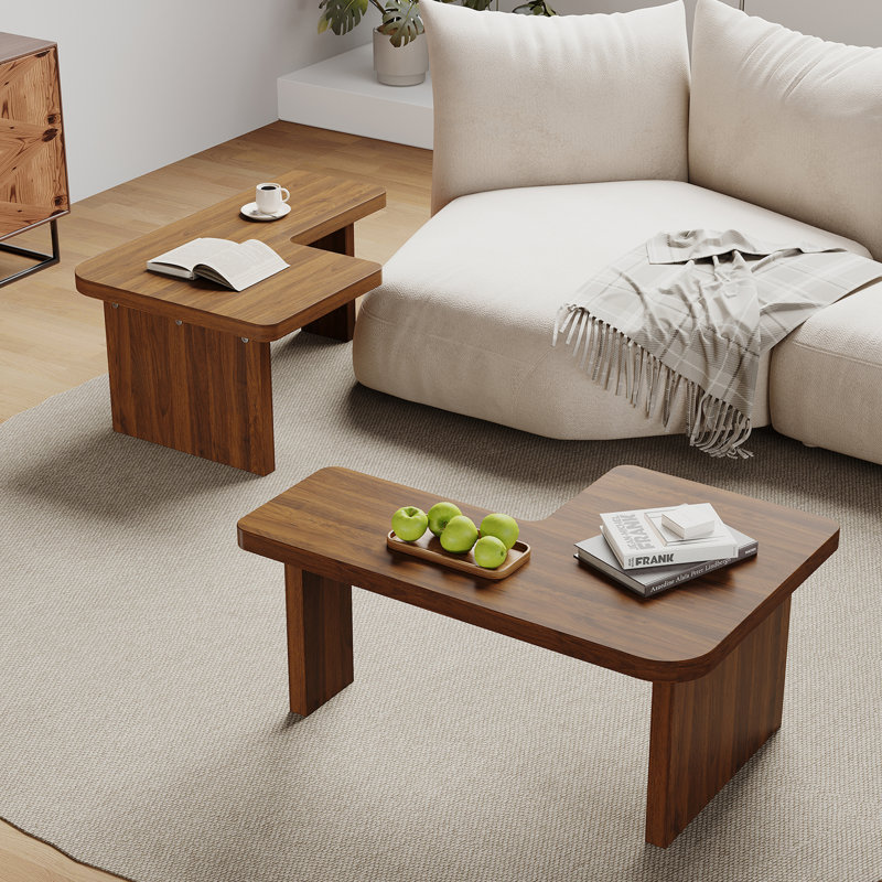 Wood Coffee Table, Mid Century Modern Living Room Table, Free Adjustable Shape, 2 Pieces, No Assembly Needed, Brown