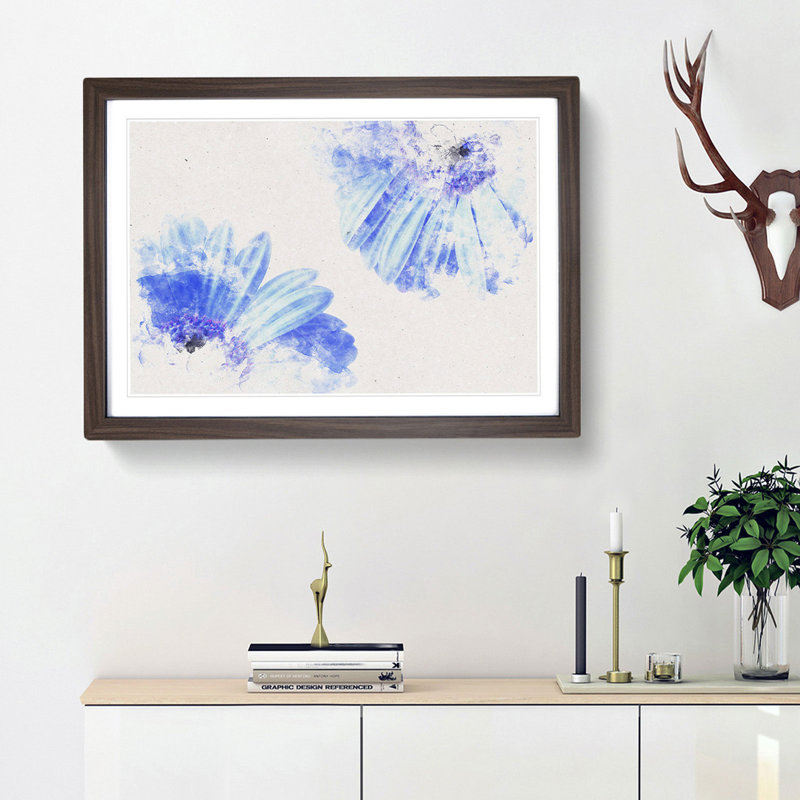 Two Blue Flowers - Single Picture Frame Print on MDF, 33cm H x 45cm W x 2cm D, Walnut