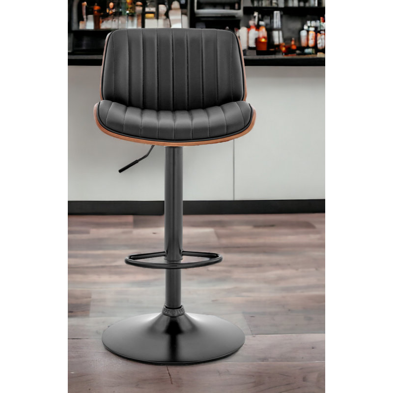 Jaqwon Dark Gray Brown And Black Iron and Faux Leather Adjustable Height Swivel Bar Chair, Black/Walnut
