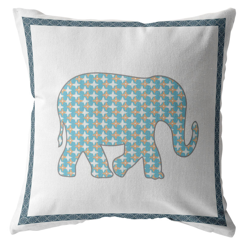 Coussin intérieur clair à fermeture à glissière Light Elephant, 16" x 16", Bleu clair / or / blanc