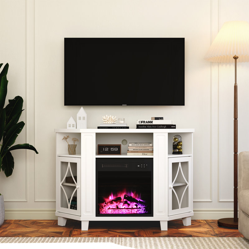 Meuble télé d'angle pour téléviseur de 55 po ou moins avec foyer inclus, Blanc