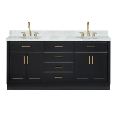 Meuble-lavabo double en bois massif 72 po avec plateau en marbre Carrara de Thornaby 72 po