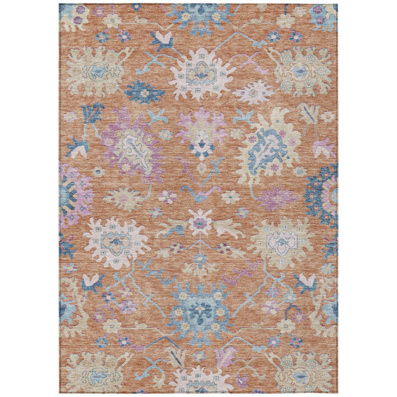 Tapis extérieur lavable floral rose orange et bleu denim 9 pi x 12 pi
