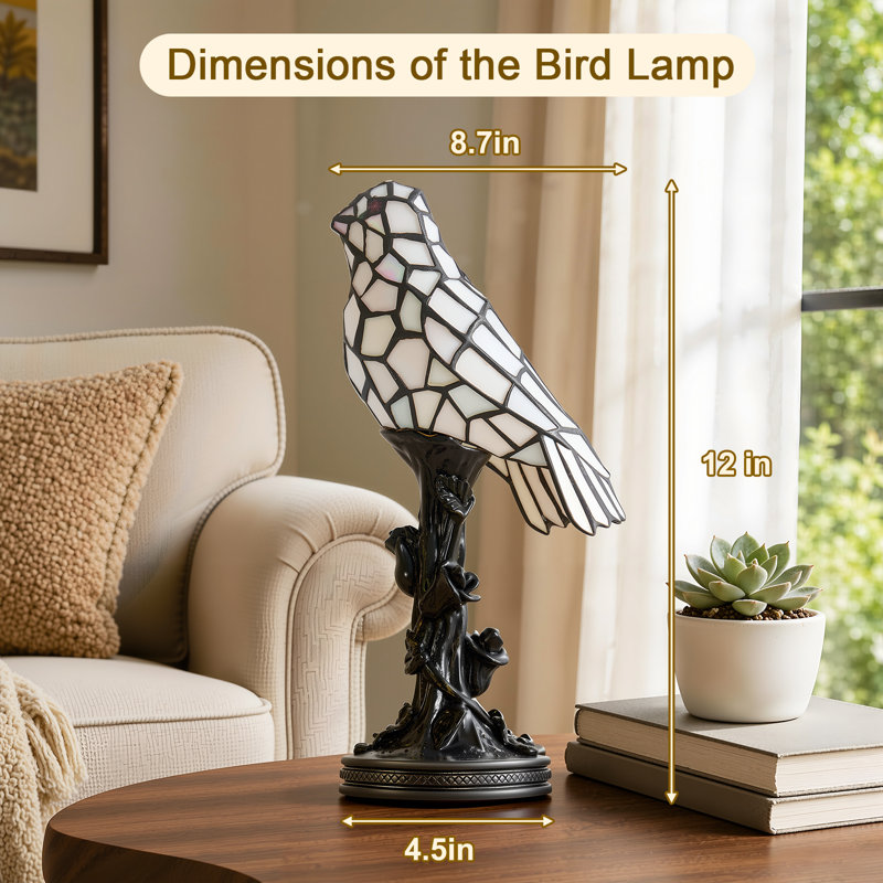 Lampe de table moderne en forme d'oiseau 12 po avec abat-jour en verre coloré, interrupteur marche / arrêt en ligne, douille E12 avec ampoule de 7 W incluse, pour la chambre à coucher, le salon, le bureau personnel et le bureau
