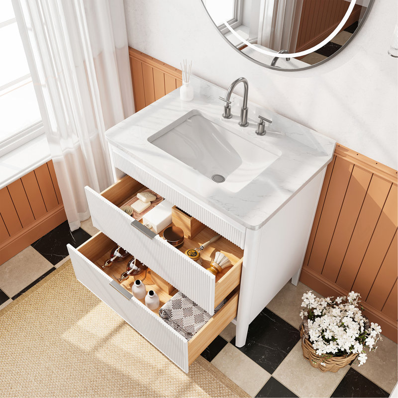 Ensemble de meuble-lavabo autoportant blanc 36 po avec 2 ensembles de poignées et plateau en marbre d'ingénierie entièrement assemblé