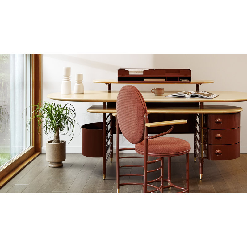 Frank Lloyd Wright Racine Signature Guest Chair with Arms, Linen Beige 100% Polyester, Warm White