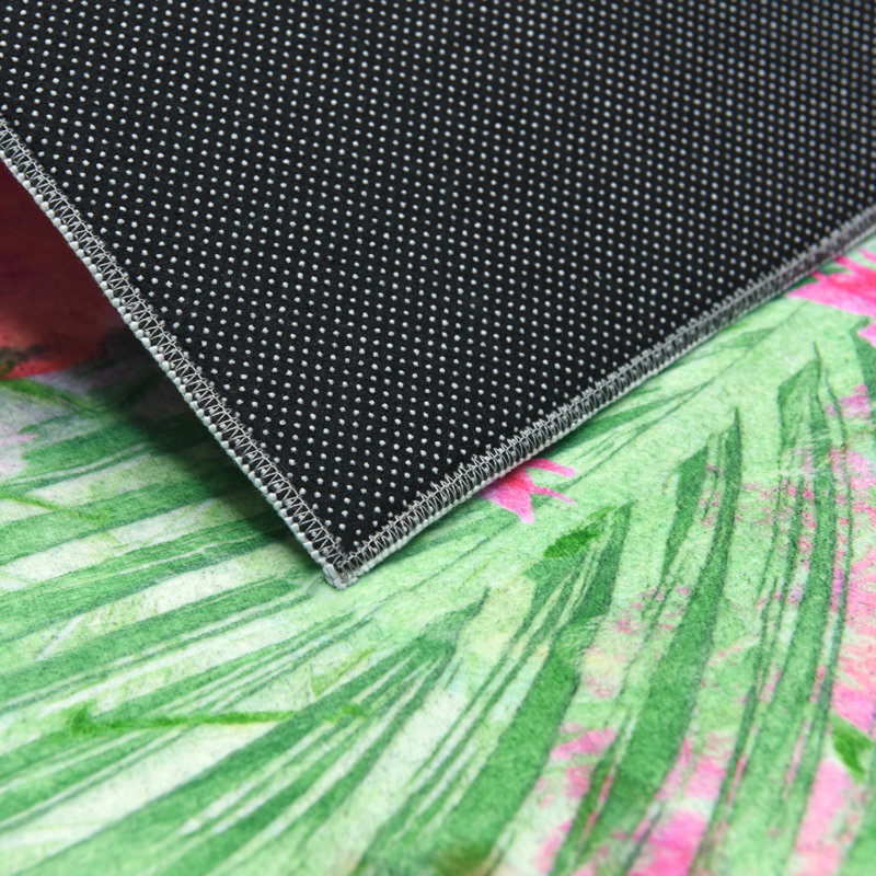 Tapis floral rose, vert et floral I, tissé à la main, 100% polyester, velours de 2 mm, antidérapant.