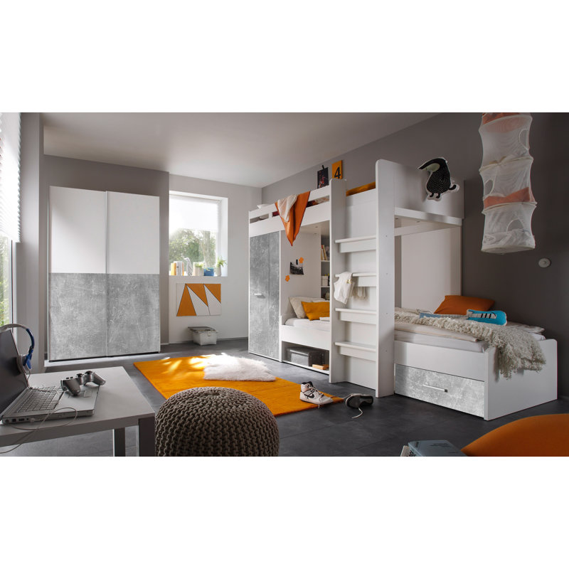 Hampton Bunk Bed with Storage Included with Built-in Ladder Included, White/Concrete