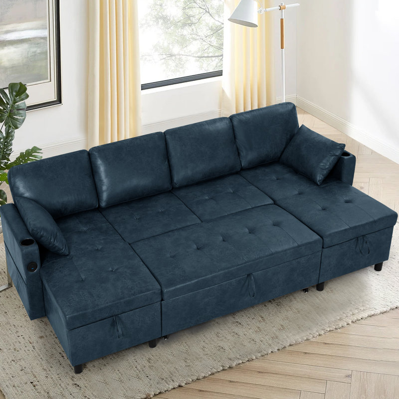 108" U-Shape Sectional Sleeper Sofa Bed With Adjustable Backrest,Pull-Out Reversible Couch With Storage Chaises, Suede Leather Convertible Sofa With USB Charging Port For Living Room, House
