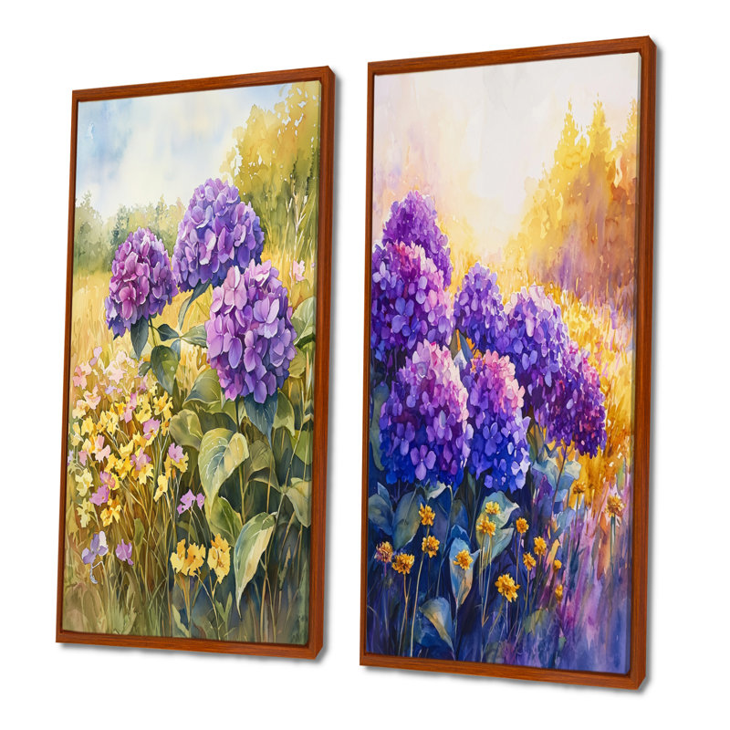 Hydrangeas In A Sunlit Field I - Floral Canvas Prints 2 Panels Collection, H 40 po x l 41 po, Cadre flottant brun