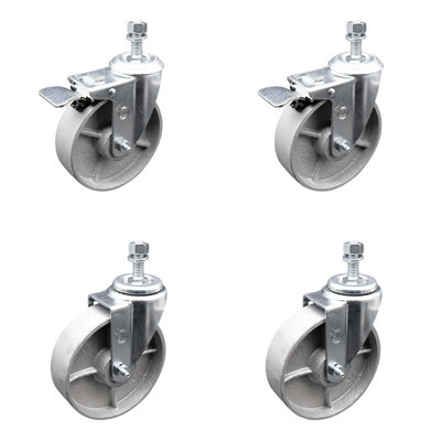 Semi Steel Swvl TS Caster Set 4 w/Roller Bearing-5"Wheels&12MM Stems-2 w/TTL BRK
