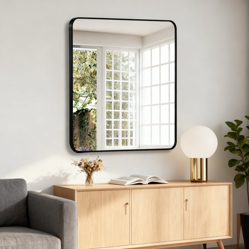 Miroir mural décoratif en verre trempé et alliage d'aluminium, 36 po x 30 po, Noir