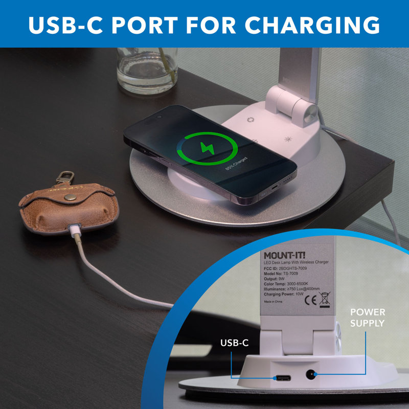 Silver Adjustable LED Desk Lamp with Touch Sensor and USB-C