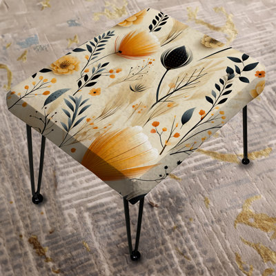 Beige And Orange Flower Accents - Boho Rectangle Ottoman