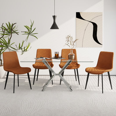 47.24" Rectangular Tempered Glass-Top Dining Set, Modern Minimalist Glass Dining Table With Faux Leather Dining Chairs, Dining Room And Kitchen Furniture