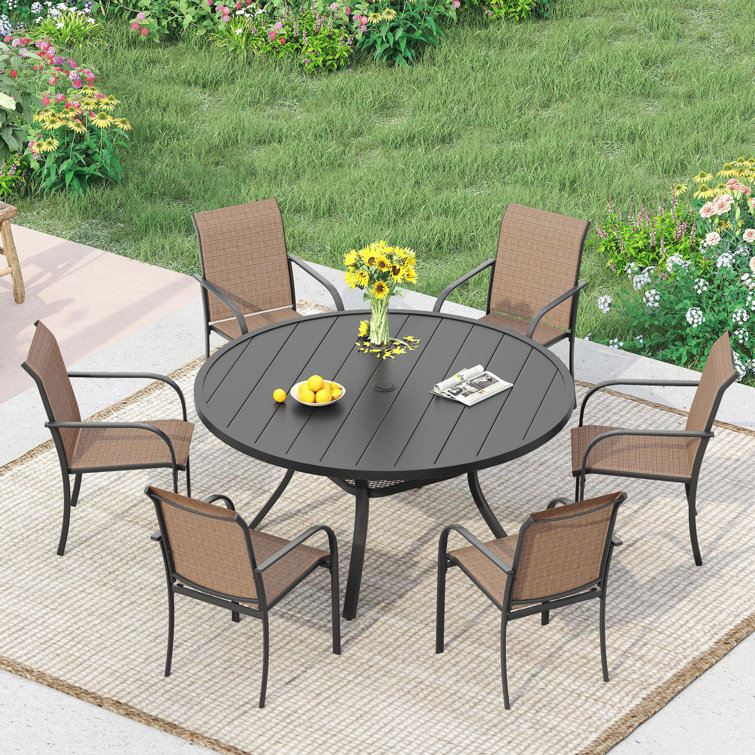 6-Person Patio dining set with Round Dining Table and 6 Stackable Armrest Chairs
