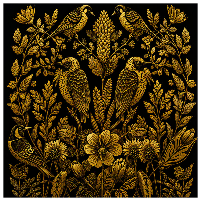 Tapisserie murale Golden Birds Botanical - Décoration murale oiseaux, H 68 po x l 80 po avec 4 œillets