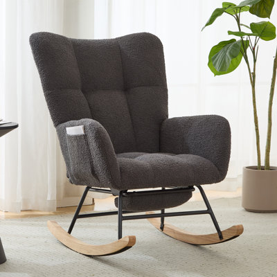 Teddy Fabric Wingback Glider Rocker & Ottoman Set, Nursery Nursing Rocking Chair with Side Storage Pocket, Smooth Gliding Motion, Safe Solid Wood Base, Comfy Accent Chair for Living Room, Grey