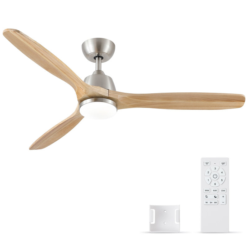 Ventilateur de plafond à DEL 3 pales Farmhouse, Nickel brossé avec pales en bois naturel