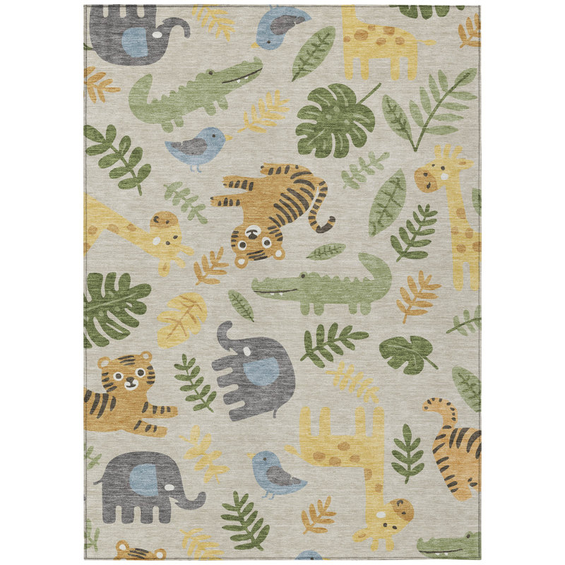Machine Washable Indoor/Outdoor Chantille ACN2578 Kids Rug, Beige, 5' x 7'6"