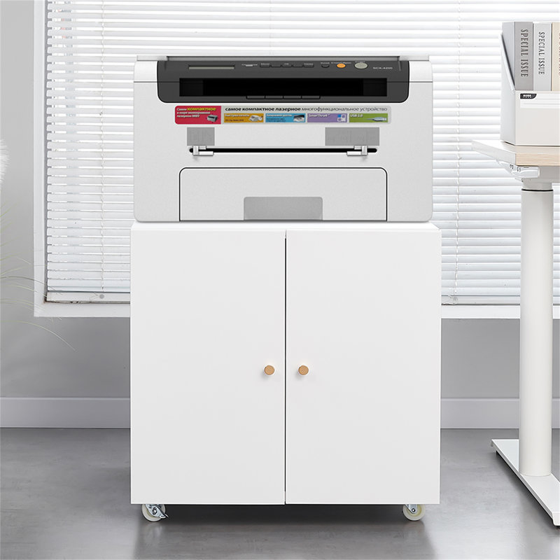 Metal Printer Stand With Storage Mobile Printer Tables For Small Spaces With Door Adjustable Shelf File Cabinet On Wheels For Home Office (White)