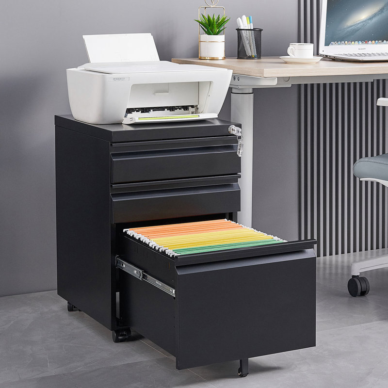 Modern 3 - Drawer Metal Filing Cabinet For Office Use, Black Color, Installation Required, 2 Keys Lockable Drawers, 1 Pencil Tray, Extra Large Storage In Third Drawer, Dumping Fifth Wheel, 4 Swivel
