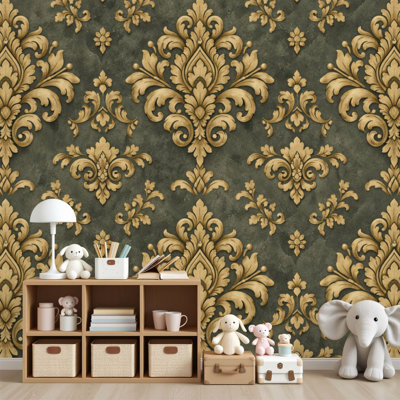 Peel and Stick Wallpaper Elegant Gold Damask Dark Green Vintage Wall Murals 69"H x 96"W Removable PVC Wall Paper Self-Adhesive Wall Decor for Bedroom Living Room Home Office