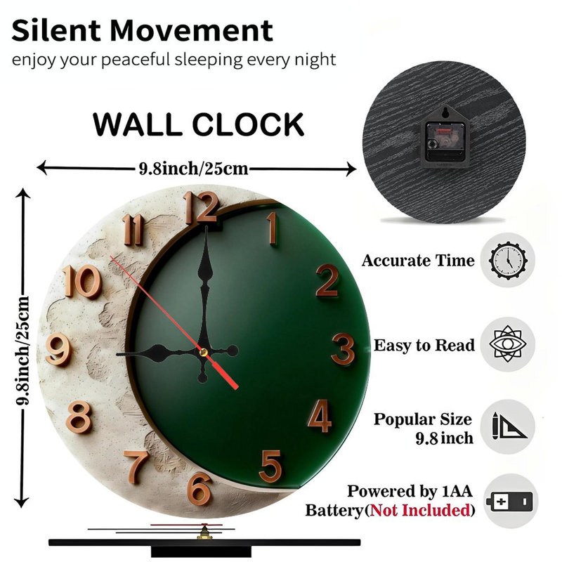 10" Round Wooden Wall Clock, Silent Quartz Movement, UV-Printed Design, Battery Operated, Dark Green
