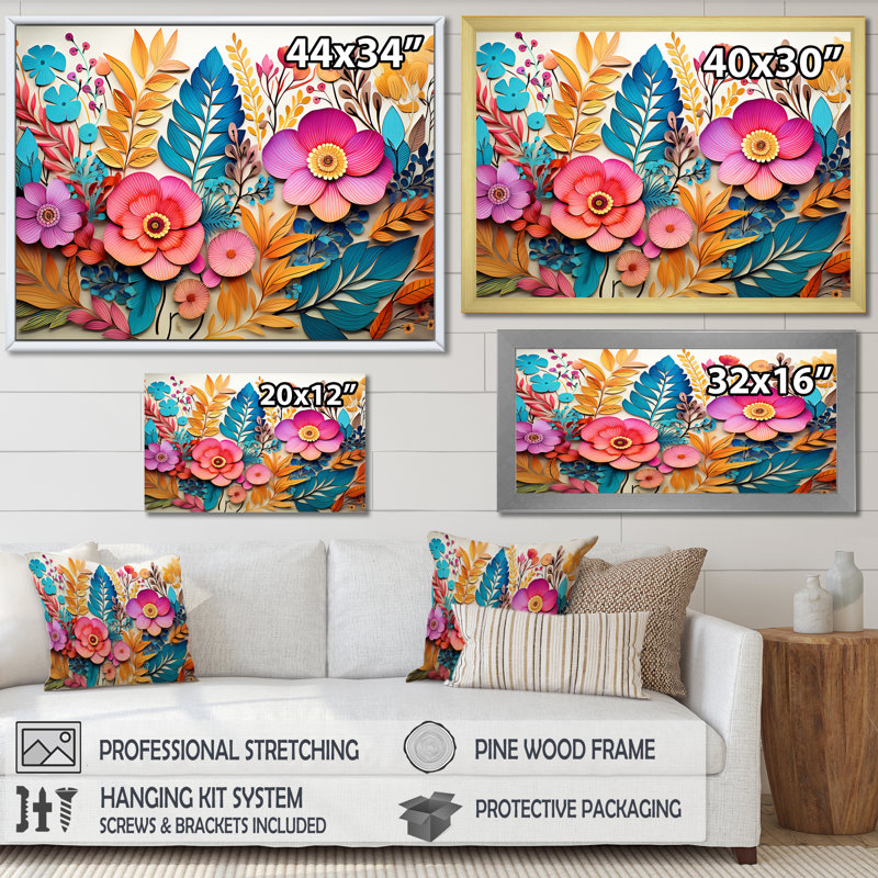 Collage de fleurs tropicales colorées - Fuschia, Cadre d'angle fermé noir, H 12 po x l 20 po x P 1 po