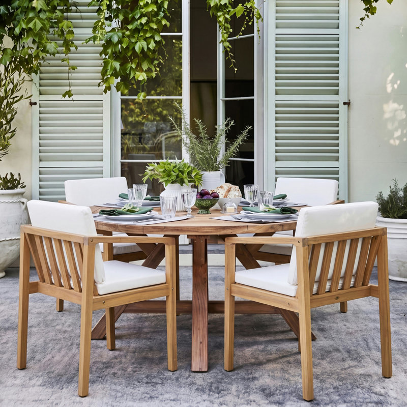 Ensemble de 4 chaises de patio Modernes, bois d'acacia, coussins beiges