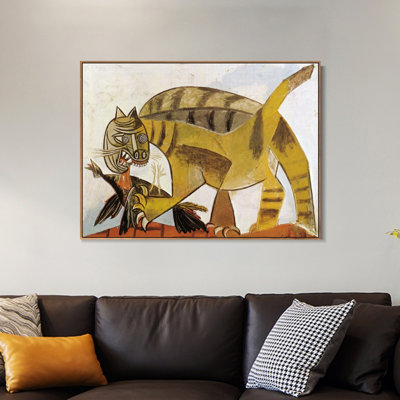 Reproduction d'art sur toile encadrée (1939) : « Le chat et l'oiseau » de Pablo Picasso. Décoration murale pour salon, maison ou bureau (cadre mince couleur bois, 61 cm x 81 cm).