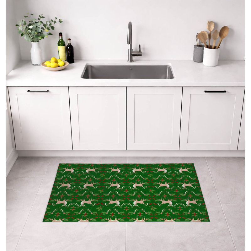 Botanical Deer Low Profile Kitchen Mat, Rectangle 6' x 4', Green