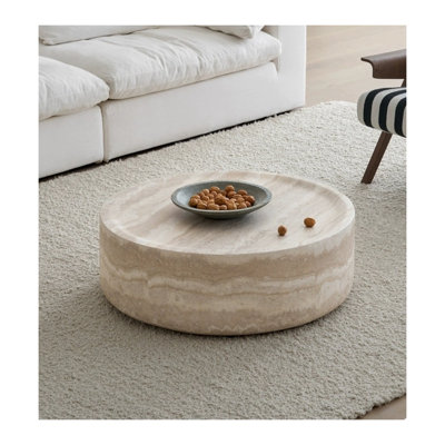 Table basse ronde en faux travertin 35,43 po avec base en fibre de verre, finition marbre, aucun assemblage requis