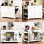 Îlot de cuisine avec poubelle dissimulée, 3 tiroirs, ouvert, prises de courant, support de poubelle blanc classique, tablettes réglables, 5 roulettes dissimulées, design-223150950