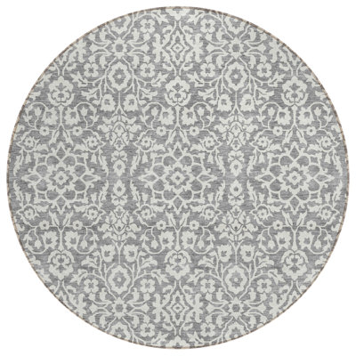 HomeRoots 8' Gray And Ivory Round Damask Washable Indoor Outdoor Area Rug