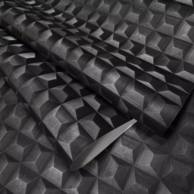 Charcoal Dark Gray Metallic 3d Illusion Dimensional Square Textured Wallpaper