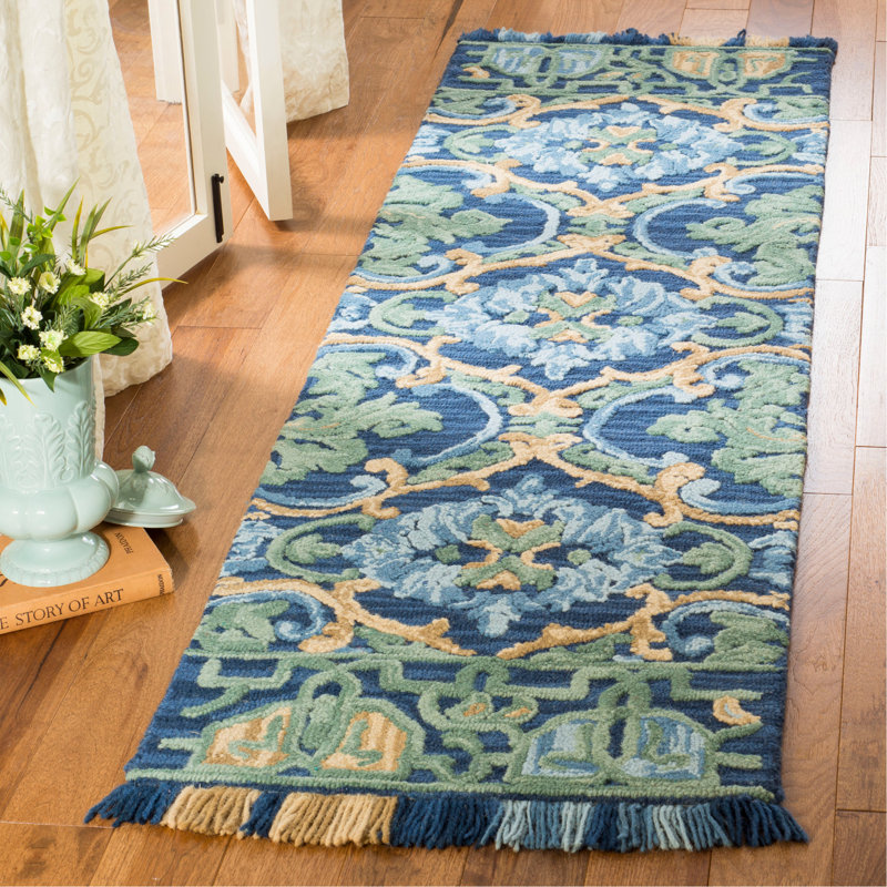 Tapis bleu marine / vert en laine / coton touffeté à la main Jahiem, Tapis de couloir 2 pi 3 po x 10 pi
