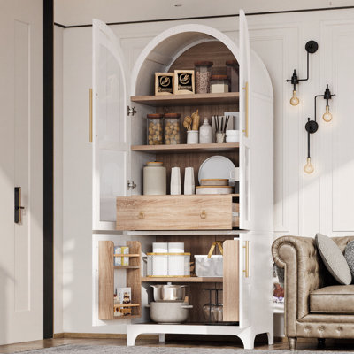 71" Tall Arched Kitchen Pantry Cabinet with Glass Doors | Farmhouse Storage Cabinet with Door Shelves, Adjustable Shelves & Hidden Drawer for Kitchen, Dining Room & Living Room