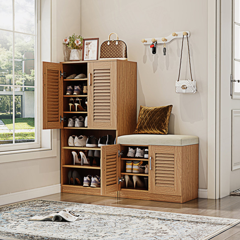 Multi Functional Shoe Storage Cabinet With Bench, Shoe Bench With Cushion,  Freestanding Shoe Rack, Entry Way Cabinet, Oak