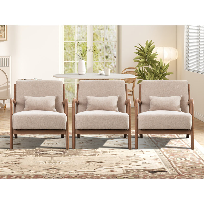 Cashel 25.78" Wide Mid Century Upholstered Accent Chair with an Extra Pillow(Set of 3), Beige