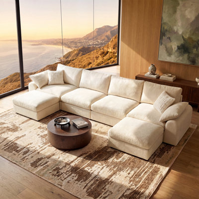 Canapé d'angle modulaire Rialto 4 places, 145,6 po de largeur, en chenille moderne, garnissage en duvet Cloud, accoudoirs arrondis, forme en U, pouf de rangement, montage sans outil, housses lavables
