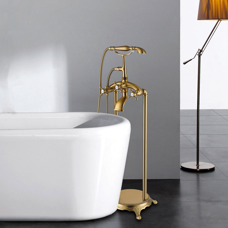 Robinet de baignoire autoportant en métal avec douche à main en or brossé - style moderne pour salle de bain