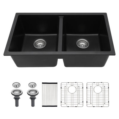 Quartz Kitchen Sink - 33" X 19" X 10.33" White Granite Composite Undermount Kitchen Sink Double Bowl