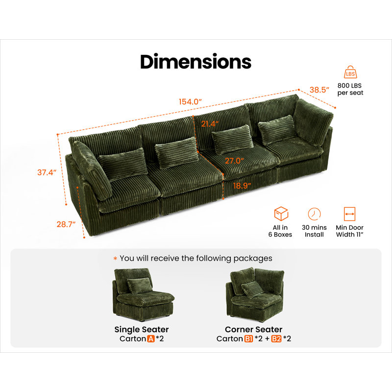 Canapé modulaire surdimensionné en velours côtelé 4 places, Vert