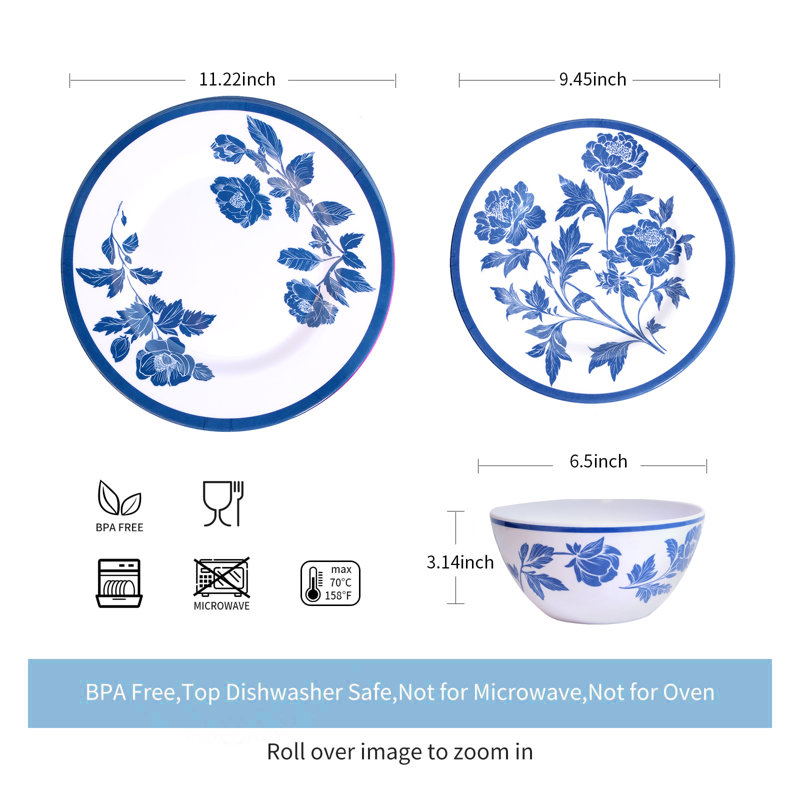 Melamine Dinnerware Set 12-Piece for 4 Dish Set Plates Bowls Unbreakable Dishware for Indoor Outdoor Use Lightweight Durable for Camping Picnics Parties