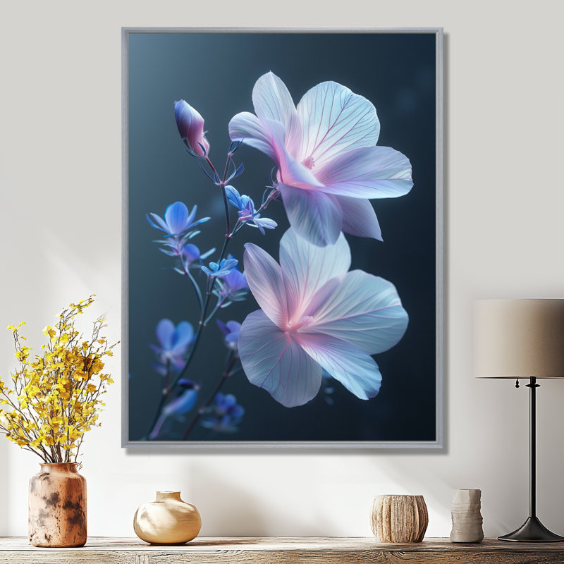 Rose rose et bleu, fleurs de pommier - Décoration murale fleur de pommier, Sans cadre, métal, H 24 po x l 32 po